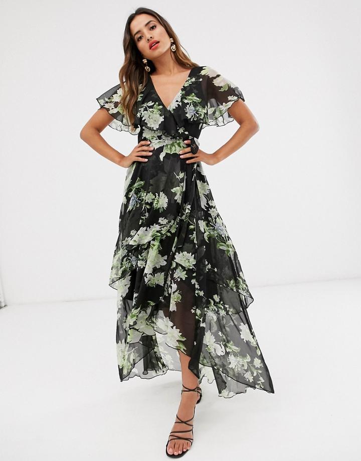 Asos Design Cape Back Dipped Hem Maxi Dress In Waterlily Print - Multi