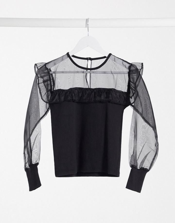 Influence Blouse With Organza Frill Sleeves In Black