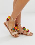 Asos Design Fun Fair Pom Pom Tie Leg Flat Sandals - Beige