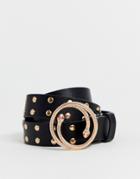 Asos Edition Faux Leather Slim Belt In Black With Gold Snake Buckle And Studding - Black