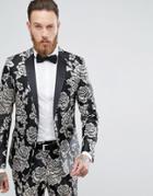 Devils Advocate Silver Floral Embroidered Skinny Fit Suit Jacket - Black