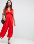 Asos Design Ruched Waist Plunge Jumpsuit - Red