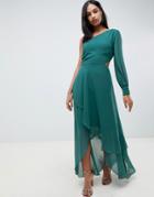 Asos Design One Shoulder Blouson Sleeve Tiered Maxi Dress-green