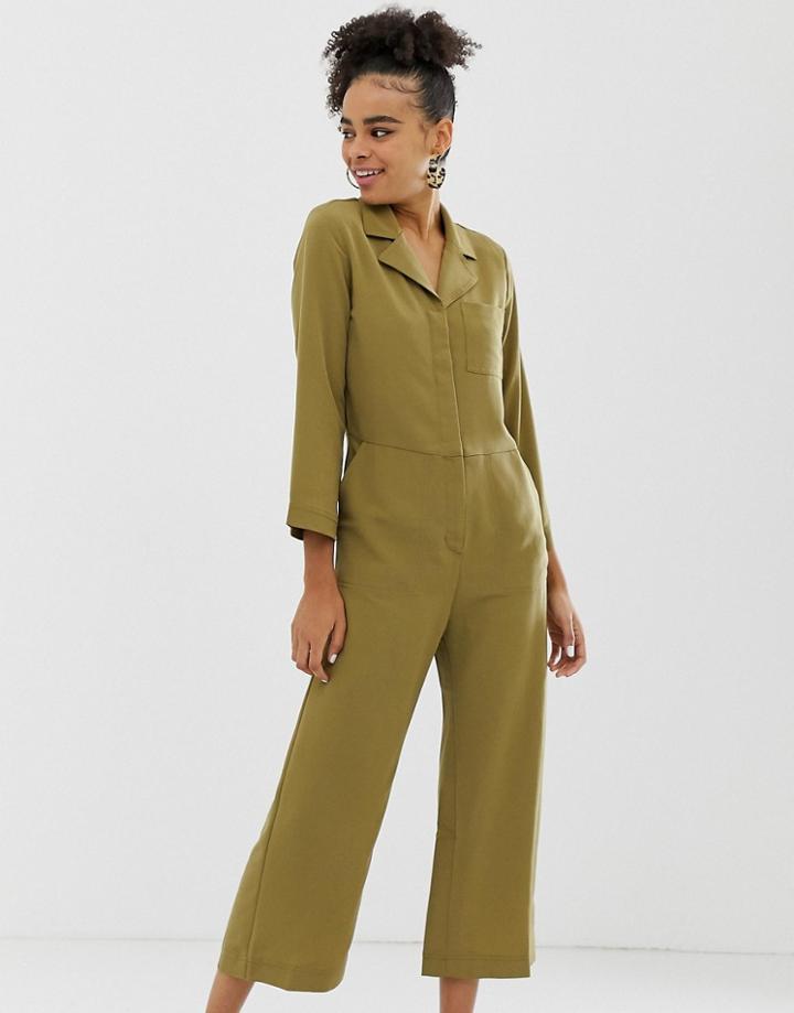 Monki Cropped Utility Jumpsuit In Khaki-green