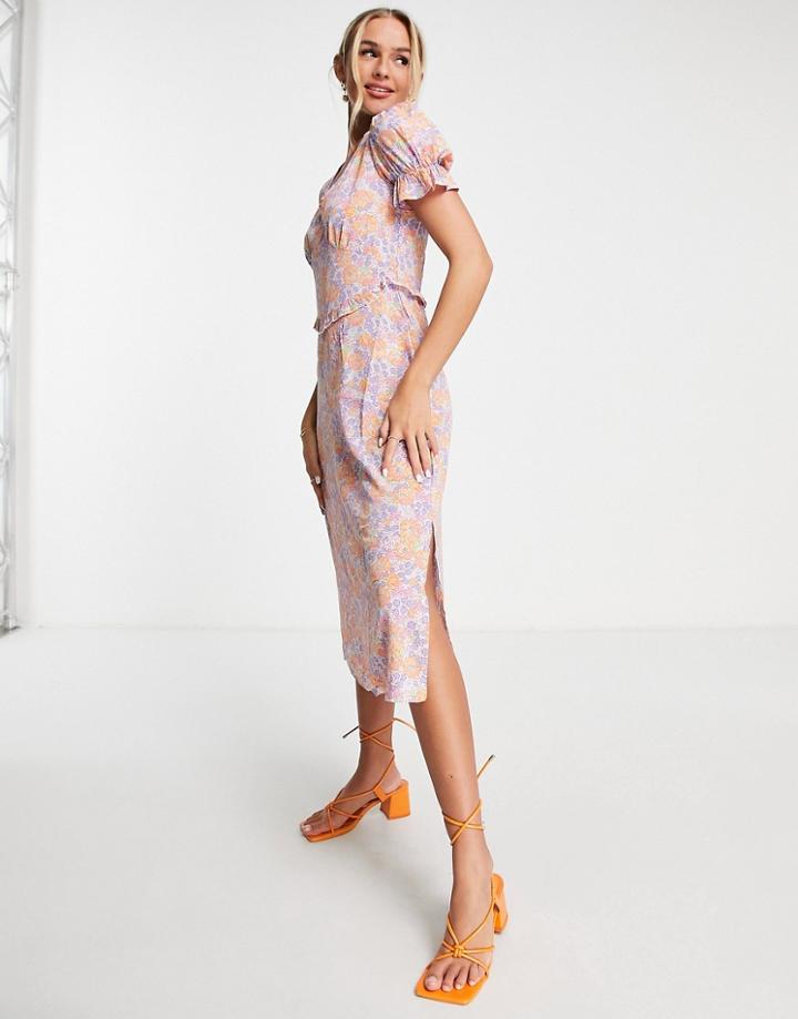 Qed London V Neck Frill Waist Midi Dress In Floral Print-multi