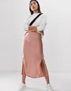 Asos Design Bias Cut Satin Midi Skirt With Splits - Pink