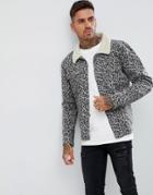 Boohooman Fleece Collar Denim Jacket In Leopard Print - Gray