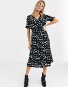 Influence Shirred Sleeve Midi Dress With Button Front In Abstract Print-black