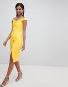 Lavish Alice Twisted Off The Shoulder Wrap Midi Dress - Yellow