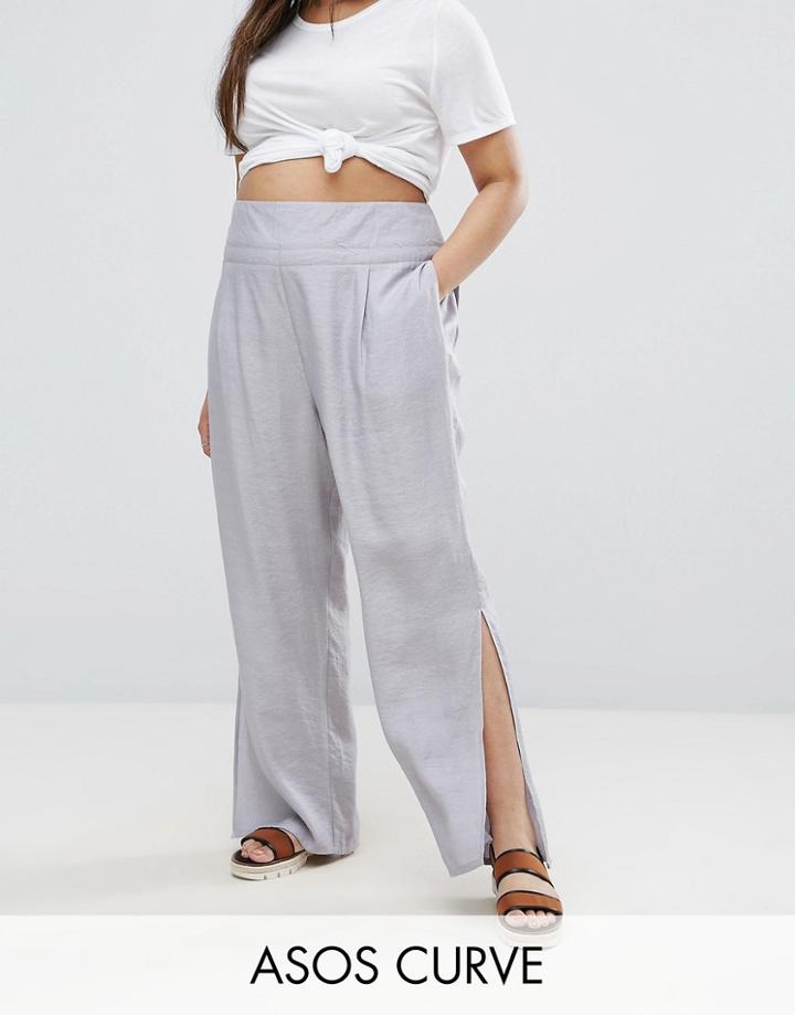 Asos Curve Raw Waist Band Textured Linen Pant With Split - Blue