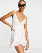 Asos Design Tie Wrap Around Mini Sundress In Self Grid Check In White
