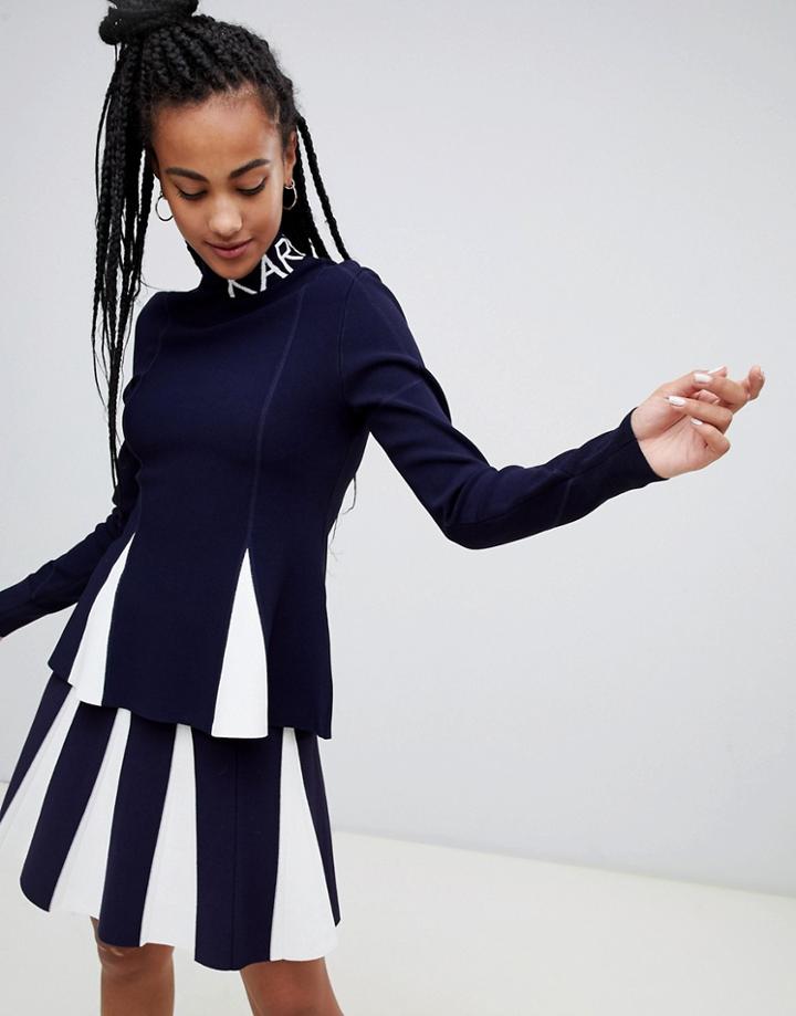 Karl Lagerfeld Contrast Knit Peplum Sweater - Navy