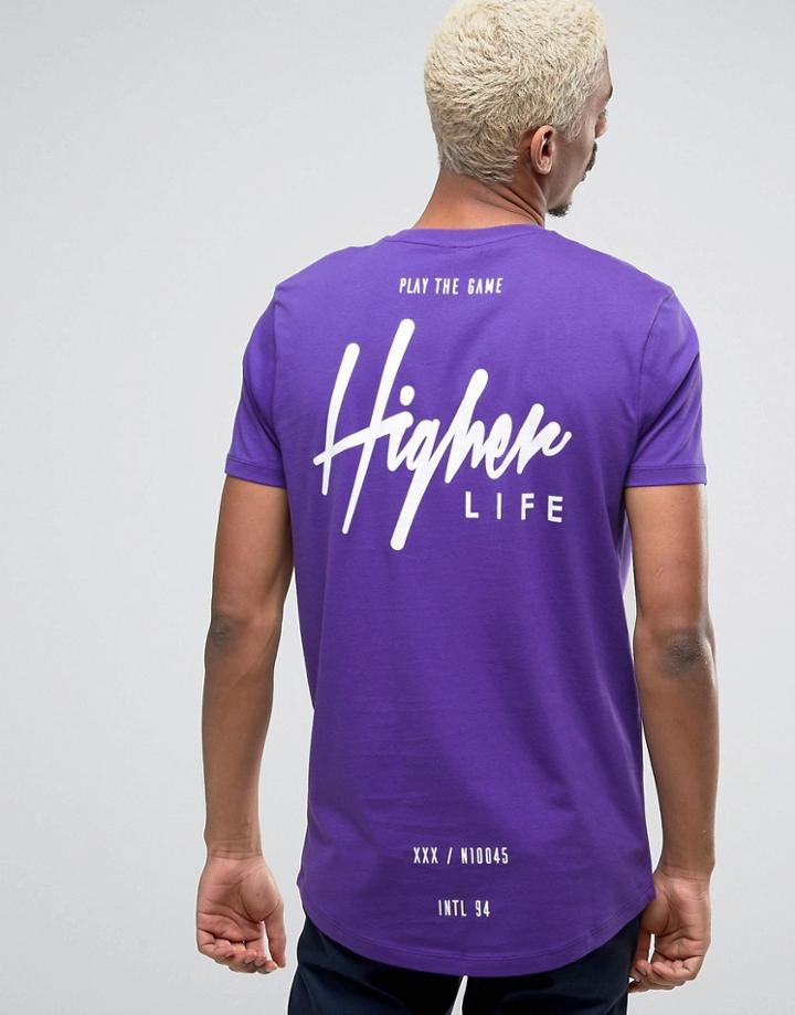 Asos Longline T-shirt With Curved Hem And Higher Life Back Print - Pur
