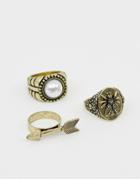 Asos Design Chunky Ring Pack In Burnished Gold Tone With Faux Pearl - Gold