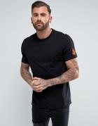 Asos Longline T-shirt With Embroidered Sleeve Detail - Black