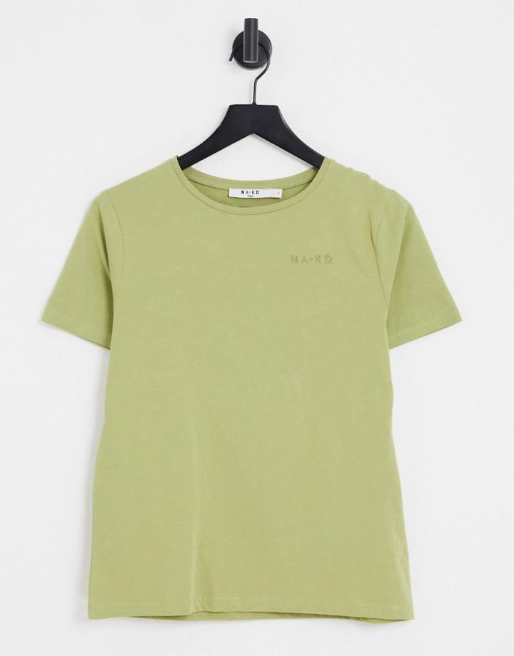 Na-kd Organic Cotton Logo Print T-shirt In Sage Green