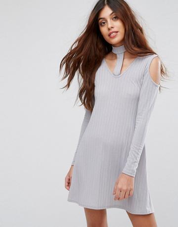 Be Jealous Ribbed Swing Dress With Tie Neck-silver