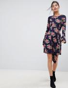 Asos Mini Dress With Hanky Hem And Frill Cuff In Spot Floral Print-multi