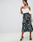 Asos Design Floral Jacquard Midi Skirt With Ruffle - Multi