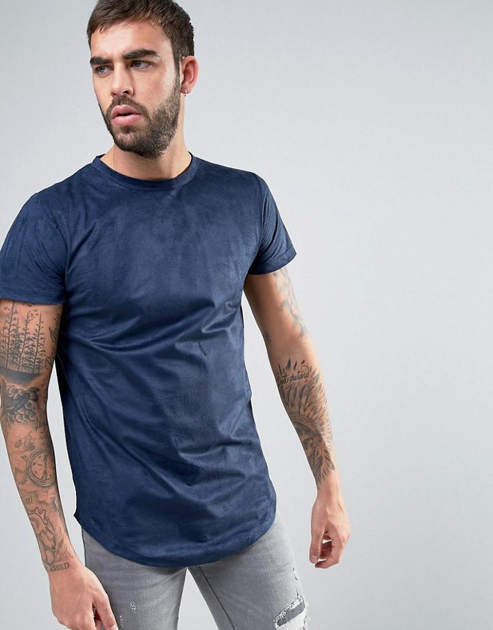 Dead Vintage Faux Suede T-shirt With Curved Hem - Navy