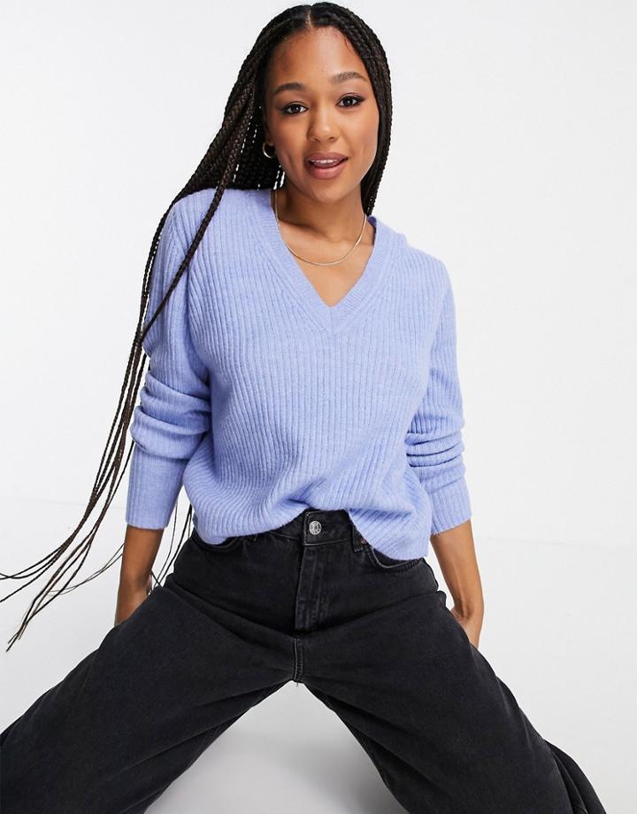 Asos Design Boxy Sweater In V Neck With Rib In Blue-blues