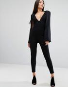 Lavish Alice Plunge Neck Jumpsuit With Cape Detail - Black