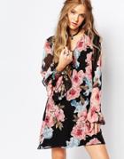 Honey Punch Festival Bell Sleeve Dress In Floral Print - Black Floral