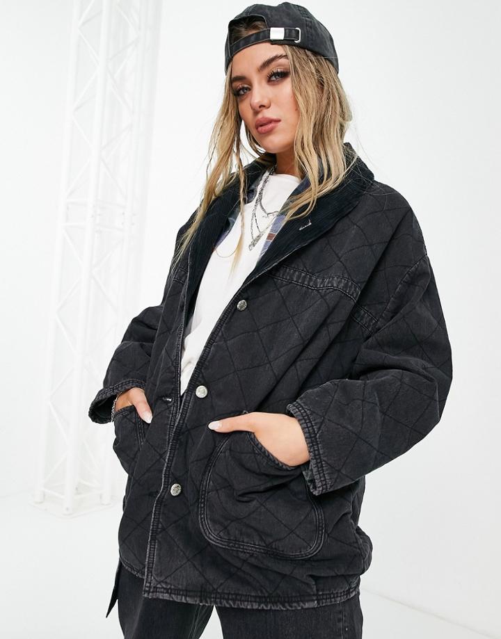 Topshop Quilted Denim Jacket In Washed Black