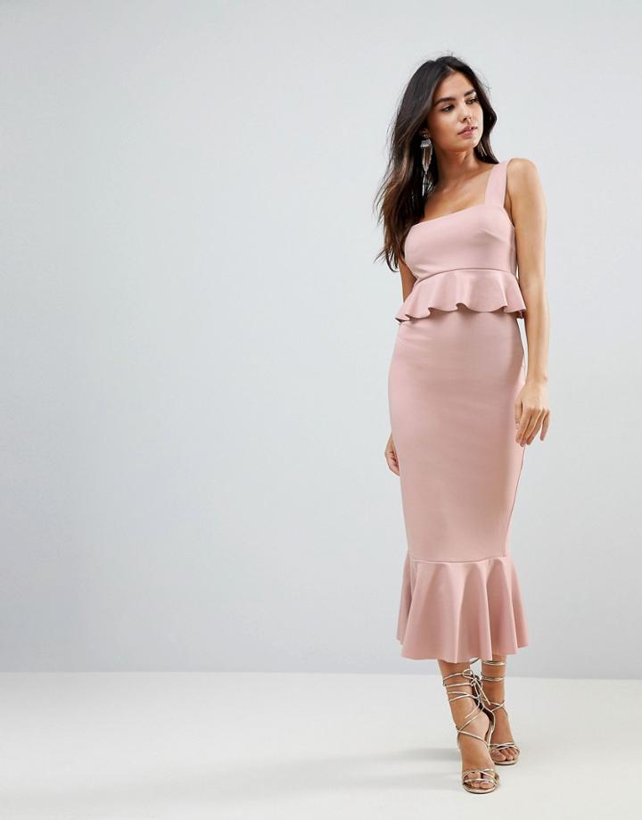 Asos Square Neck Ruffle Front Midi Bodycon Dress With Pephem - Pink
