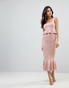 Asos Square Neck Ruffle Front Midi Bodycon Dress With Pephem - Pink