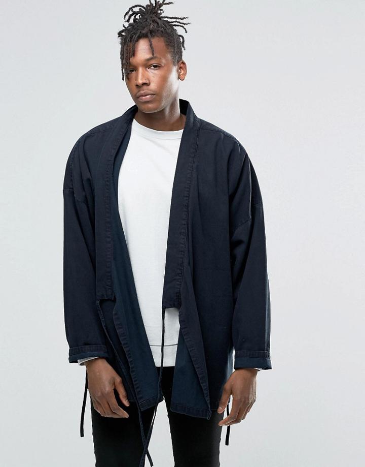 Asos Denim Kimono Shirt With Tie Front In Black - Black