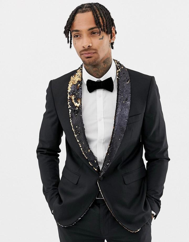 Devils Advocate Black Sequin Tuxedo Jacket - Black
