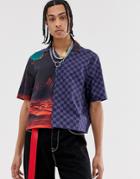 Asos Design Oversized Shirt In Scenic And Check Print-navy