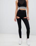 Asos Design Rivington High Wasited Denim Jeggings With Thigh Suspender Detail In Black - Black