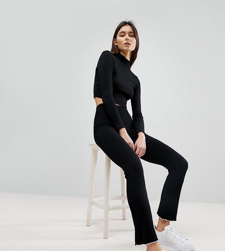 Asos Tall Premium Leggings In Rib With Ruffle Tipped Hem - Black