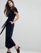 Warehouse Frill Sleeve Belted Jumpsuit - Navy