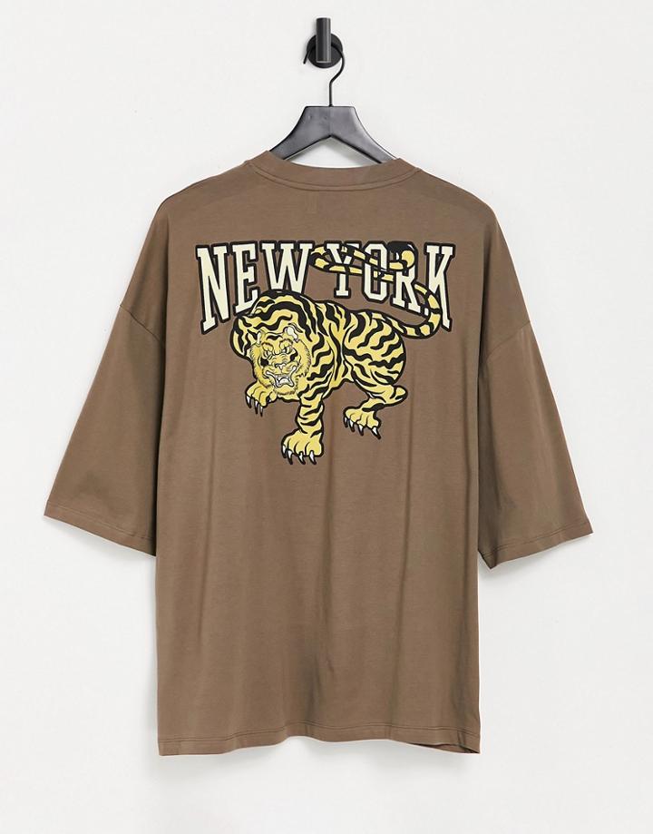 Asos Design Oversized T-shirt In Brown With Tiger Back Print