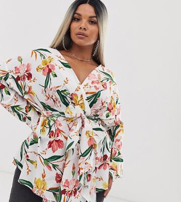 Prettylittlething Plus Tie Waist Blouse In White Floral - Multi