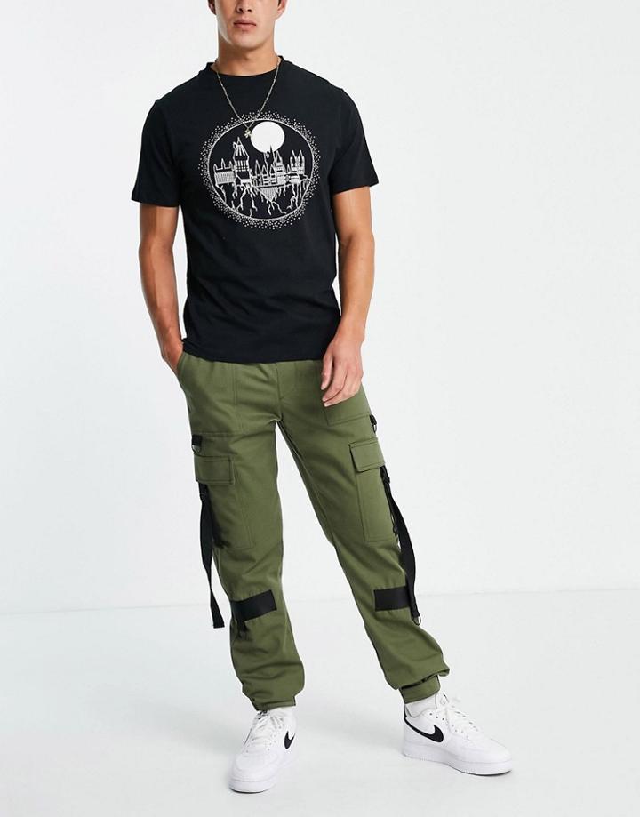 Topman Skinny Cargo Pants With Webbing Detailing In Khaki-green