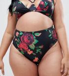 Wolf & Whistle Curve Floral High Waist Bikini Bottom In Black - Multi