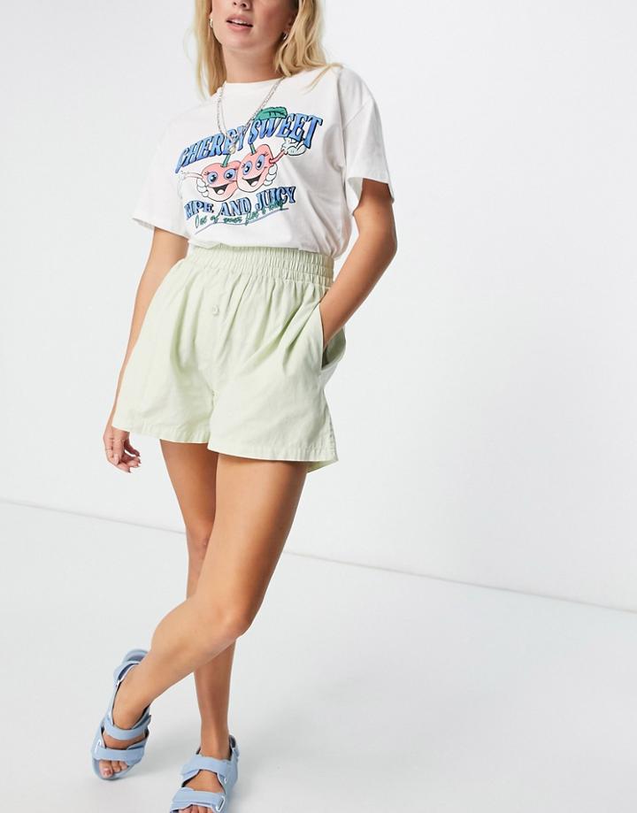 Cotton: On High Waisted Pull On Short In Mint Stripe-green