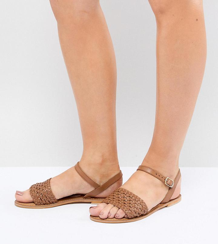 Asos Design Victory Wide Fit Leather Woven Flat Sandals - Tan