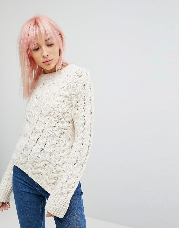 New Look Asymmetric Hem Cable Sweater - Beige
