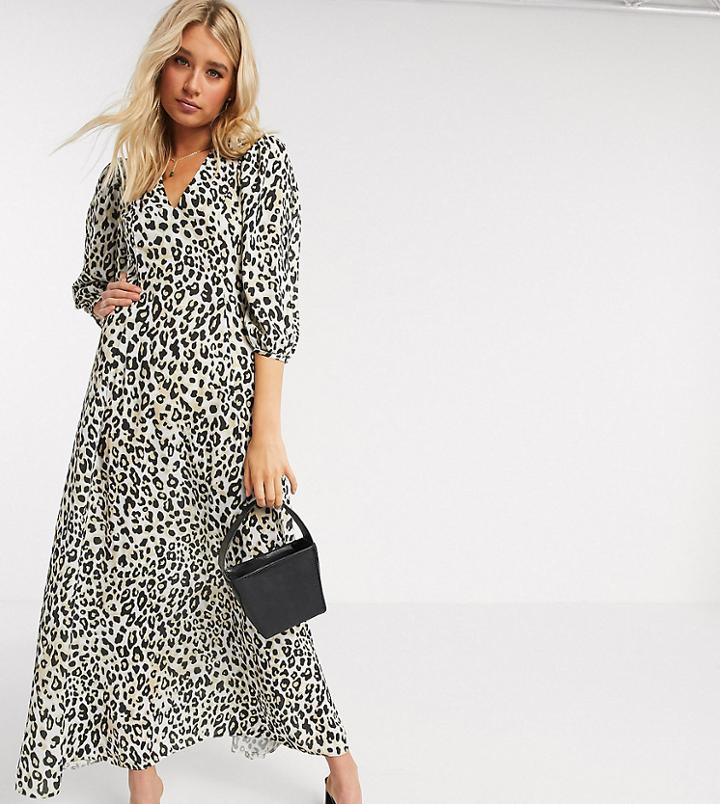 Asos Design Tall Exclusive Trapeze Maxi Dress With Puff Sleeve In Leopard Print-multi