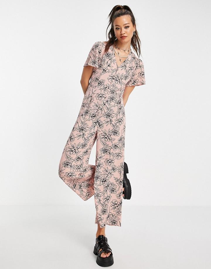 Asos Design Tea Button Front Jumpsuit In Sketch Floral-multi