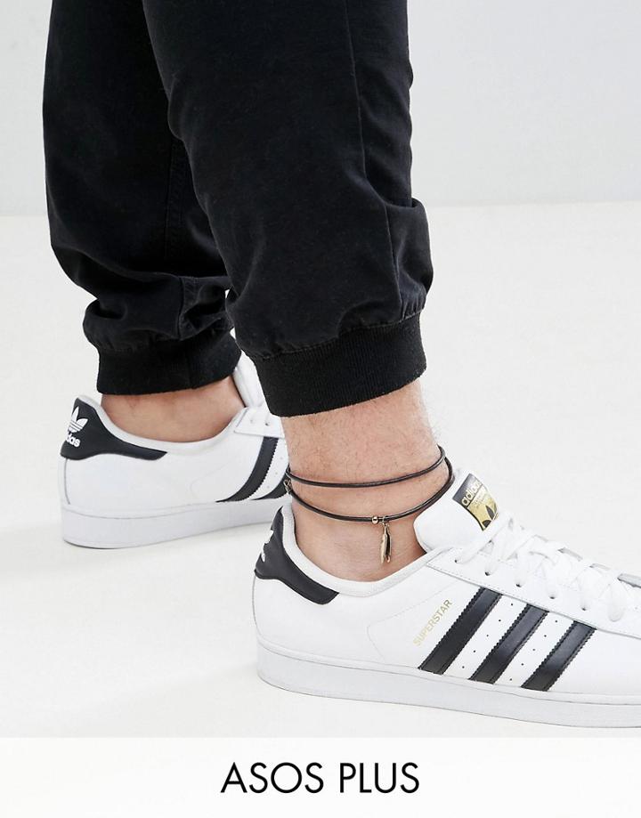 Asos Design Plus Leather Anklet With Feather - Black