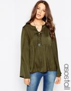 Asos Tall 70's Blouse With Lace Up Detail - Khaki