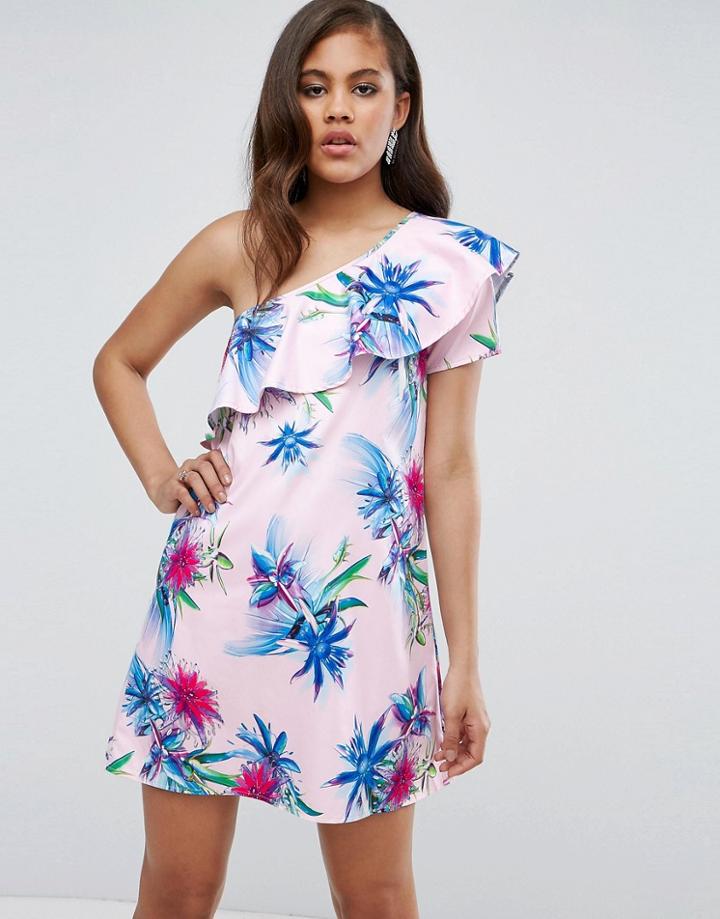 Rage One Shoulder Satin Frill Printed Dress - Purple