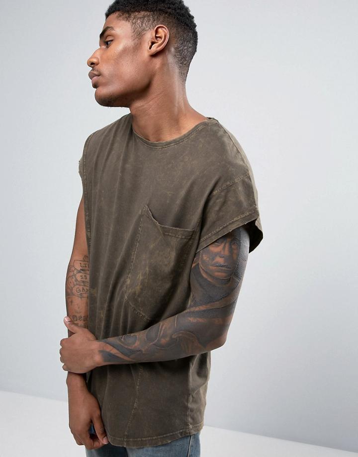 Black Kaviar Oversized Sleeveless T-shirt In Acid Wash - Green