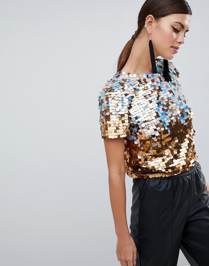 Asos Design Premium Ombre Disco Sequin T-shirt - Gold